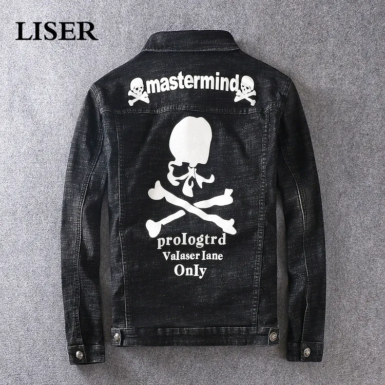 

LISER Denim Jacket Mens Jeans Jacket Men Hip Hop Jacket 2019 Spring Elasticity Print Streetwear Harajuku Veste Homme Jackets