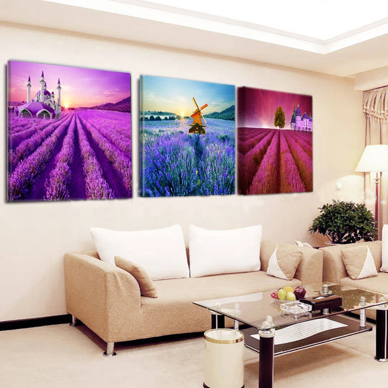 

Modern Living Room Decorative Painting Provence Lavender Country Landscape Spray Painting Canvas Three Panels S253