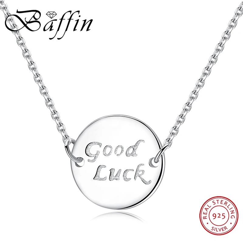 

BAFFIN Trendy Good Luck Letter Necklaces Round Pendant Real 925 Sterling Silver Chain Collars Jewelry For Women Girls Gifts