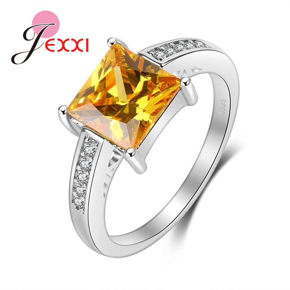 

New Arrival Clear Orange Square Cubic Zirconia 925 Sterling Silver Rings Generous Trendy Jewelry Accessory For Ladies
