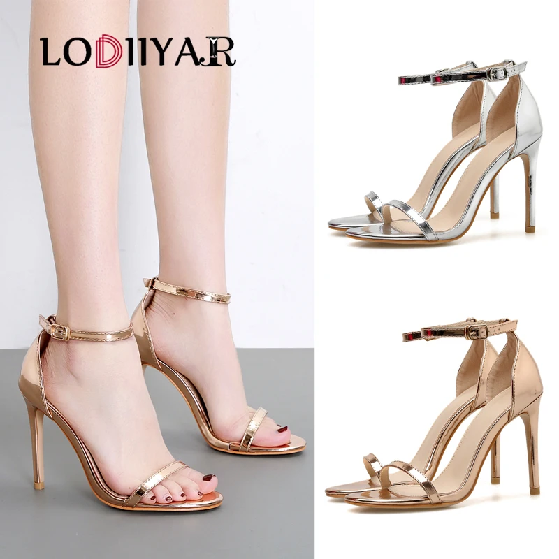 

Women Sandals Thin Heels Ankle Strap Adjustable One Word Buckle Open Toe Super High Heel Party Wedding Shoes Champagne Silver