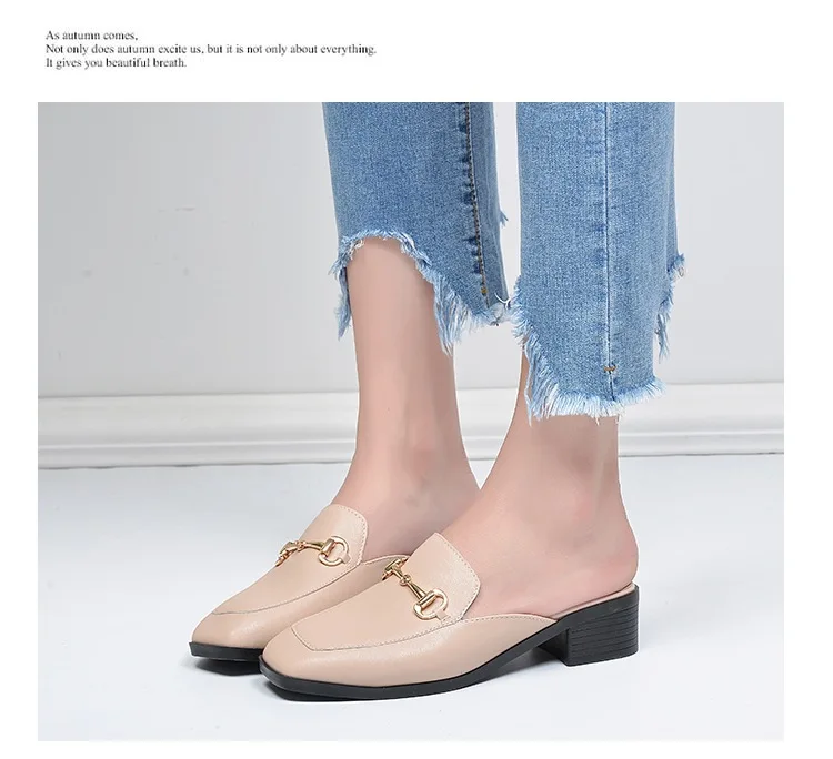 Summer Fashion Genuine Leather Mules Block Heels Shoes Woman Slipper Modis Black Casual Shoes Women Ladies Sliders Female