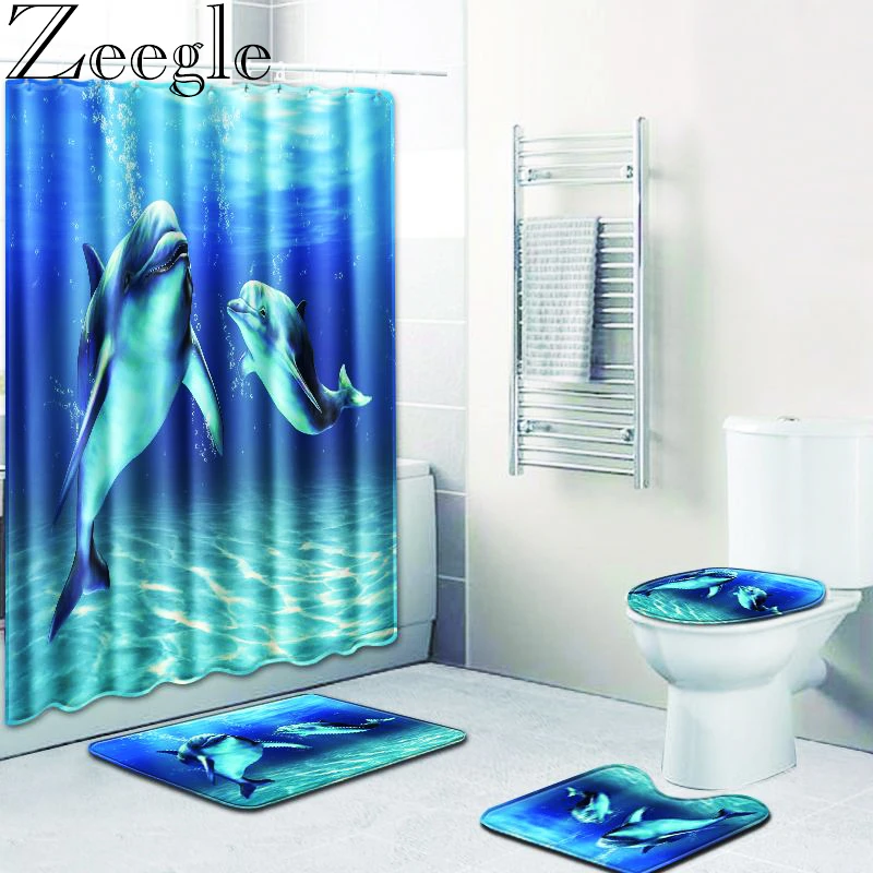 4pcs/Set Dolphin Bathroom Set Shower Curtain Toilet Seat Cover Bath Mat 4pcs/Set Dolphin Bathroom Set Shower Curtain Toilet Seat Cover Bath Mat