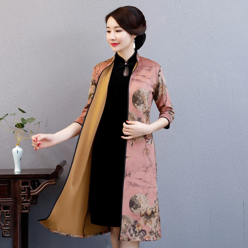 Восточный женский Повседневное цветок Cheongsam элегантный Женское вечернее платье Классический воротник-стойка Qipao Винтаж 2 шт. Платья Vestidos