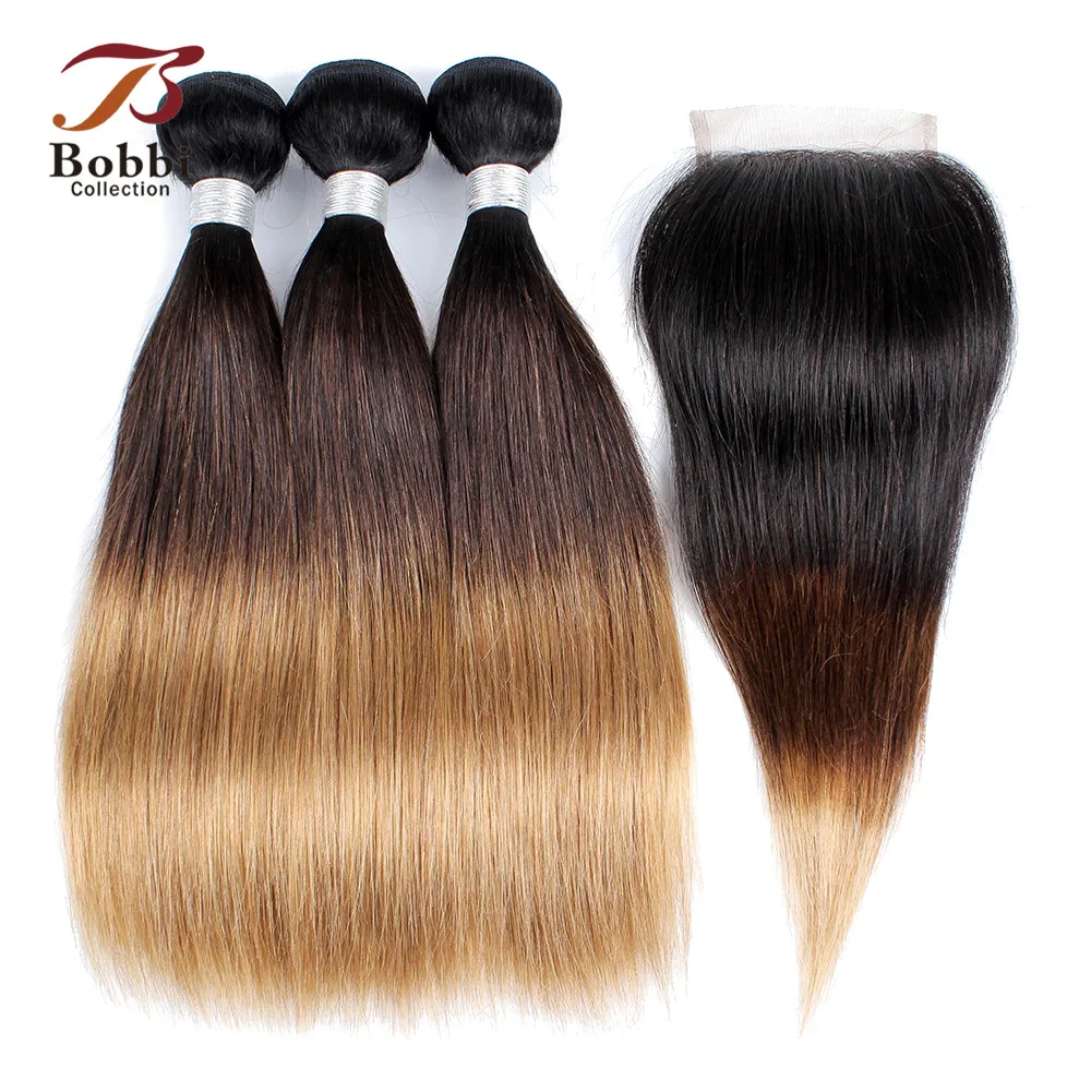 

Bobbi Collection 12inch 2/3 Bundles with Lace Closure 1B 4 27 Black Brown Blonde Short Bob Style Ombre Straight Remy Human Hair