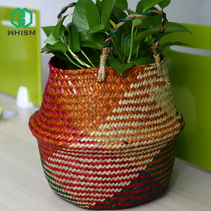 

WHISM Wicker Folding Storage Basket Colorful Natural Plant Patchwork Toy Case Laundry Basket Holder Container Home Decoration