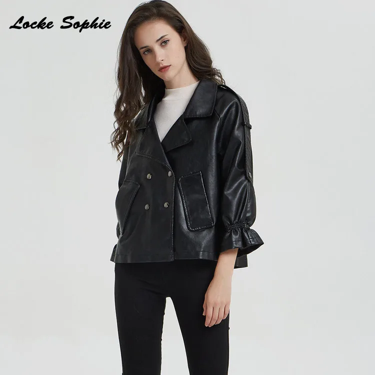 Women's Plus size short jacket blazers 2019 Autumn PU leather faux fur Double-breasted Jacket ladies Skinny locomotive blazers