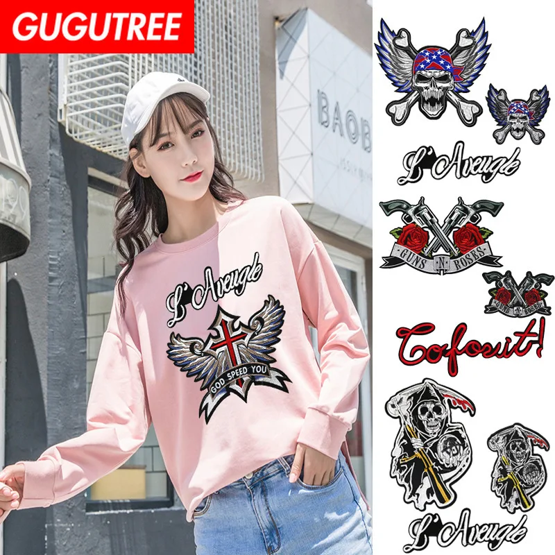 

GUGUTREE embroidery big eagle skull patches letter death patches badges applique patches for clothing XC-38
