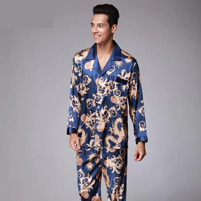 Men's Long Sleeves Faux Silk Pajamas Suit Satin Sleepwear Man Plus Size Nightclothes Set Loose Paisley Pyjamas Set Male mens designer pjs Pajama Sets