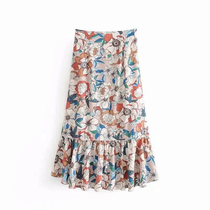 мода каскадные оборки Цветочные vestidos печать Асимметричная юбка faldas mujer Женская