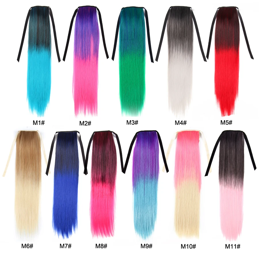 Leeons Long Straight Ponytail Synthetic Hair Extensions For Women Clip In Synthetic Pony Tail Hair Piece Red Ombre Colors 20\