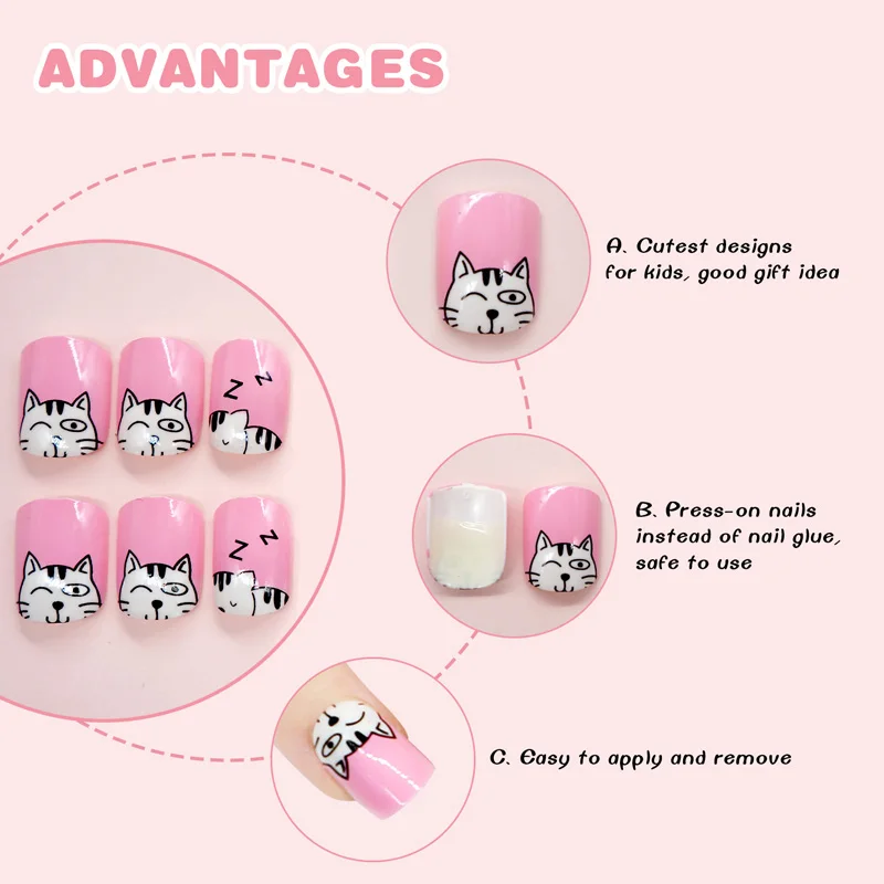 24 шт./лот, милые кошки, поддельные ногти, предварительно склеенные Акриловые искусственные ногти, Короткие Розовые кончики для дизайна ногтей для детей, игрушки для ногтей, украшения, маникюр, сделай сам