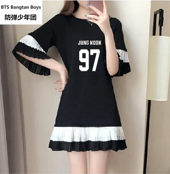 

NEW k-pop BTS Bangtan Boys summer College winds Short-sleeved shirt dress Korean fashion Splicing horn sleeves Loose base skirt