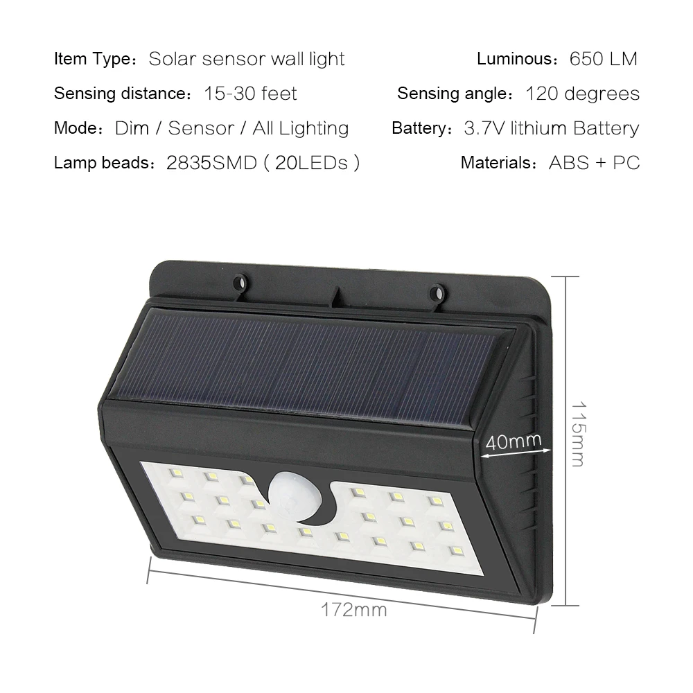 Супер яркий открытый Солнечный свет 20 светодиодный безопасности движения Сенсор IP65 Водонепроницаемый уличный фонарь с тремя интеллигентая(ый) режимы