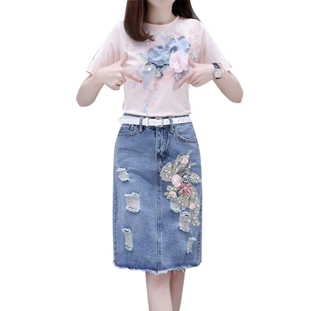 

Women Sweet Applique 3D Flower Embroidery Sequined Cotton T-shirts + Ripped Hole Denim Skirts 2 Piece Summer Set Casual Suits