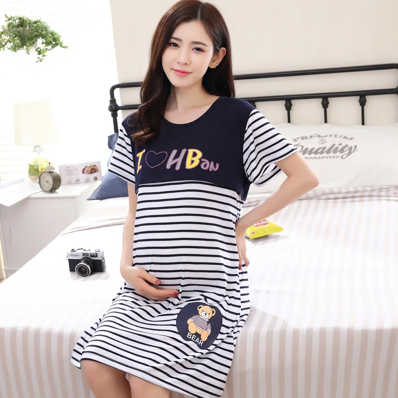 Summer Striped Maternity Pajamas Pregnant Women Feeding Dress Short Sleeve Casual Expectant Mother Clothing with Belt Loose 