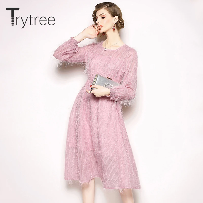 Trytree весеннее летнее платье Элегантное полиэфирное повседневное розовое синее