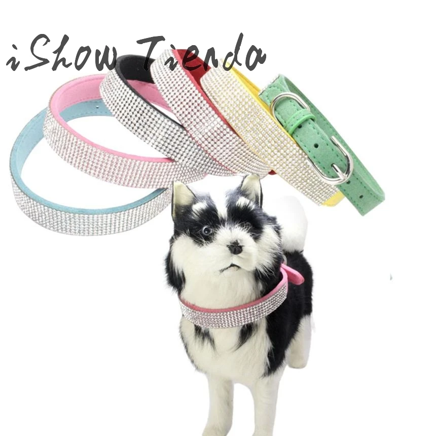 6 Color Black Green Rhinestones Dog Collar Sparkly Crystal Studded PU