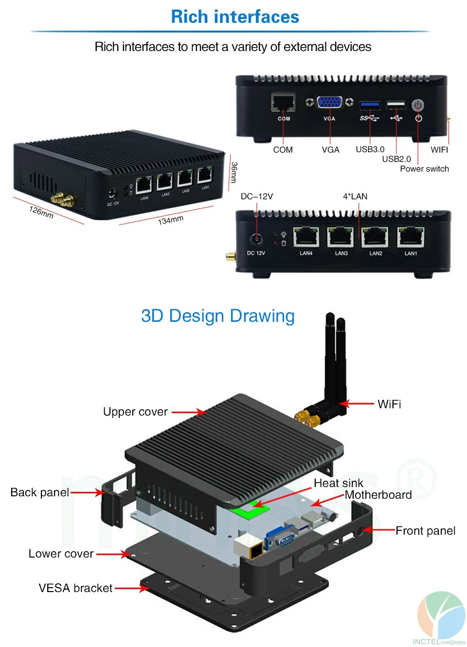 Причастником безвентиляторный 4 ядра J1900 Mini PC Netwrok сервер 4 * Intel Gigabit Lan Порты и разъёмы поддержка 3G/4G