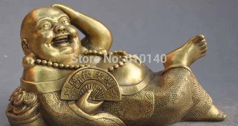 

8"china Buddhism copper brass sleep happy laugh Maitreya Buddha Wealth Statues