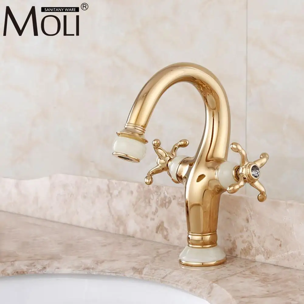 Luxury Gold Bathroom Basin Sink Facets Jade Single Hole Copper Sink Tap Crane Hot and Cold Water Mixer Swan Faucet Luxury Gold Bathroom Basin Sink Facets Jade Single Hole Copper Sink Tap Crane Hot and Cold Water Mixer Swan Faucet