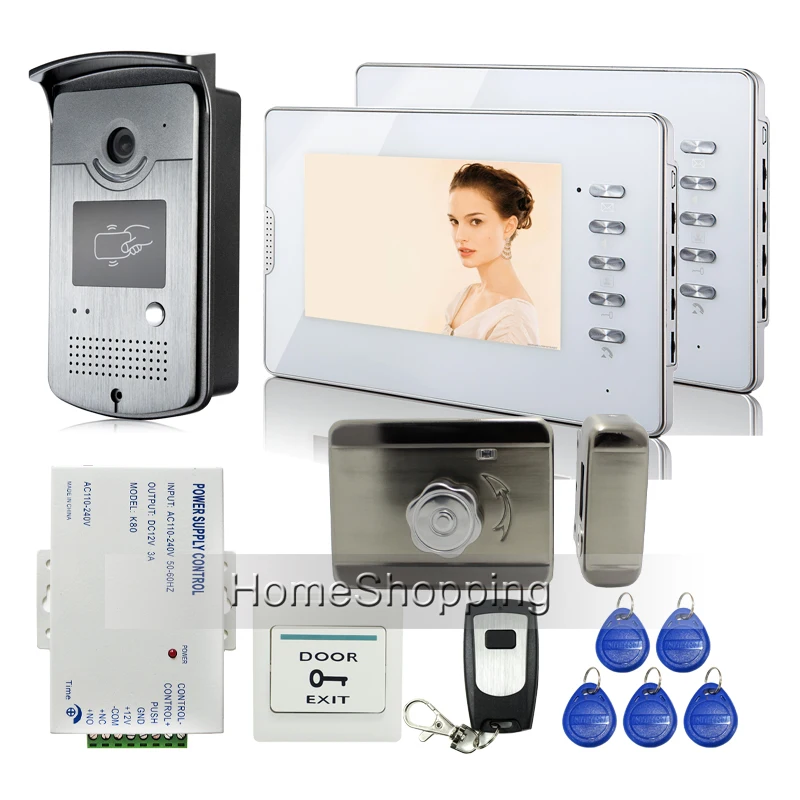 

7" Screen Video Door Phone Intercom + 2 Monitors + 1 RFID Access Waterproof Camera + Mute Electric Lock + Remote Free Shipping