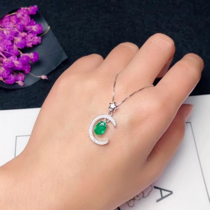 

Arabian Style Star Moon Pendant with Emerald 5 mm * 7 mm Natural Emerald Pendant Soldi 925 Silver Emerald Jewelry