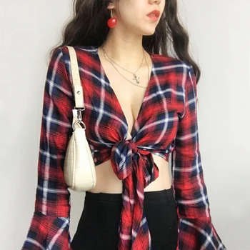 

Women Tie Front Long Sleeve Top In Red Check