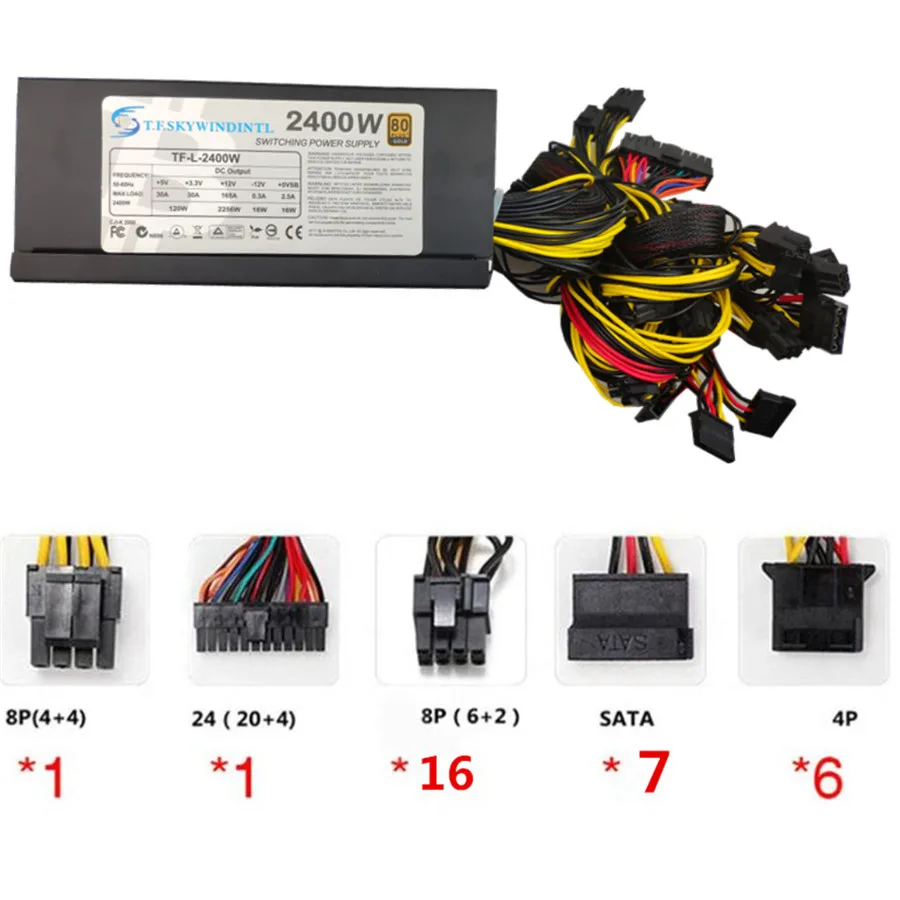 T. F. SKYWINDINTL 2000W монета горного питания PSU для 8 GPU BTC Eth Rig эфириума Майнер 2000W ATX PSU SATA IDE MAX2400W