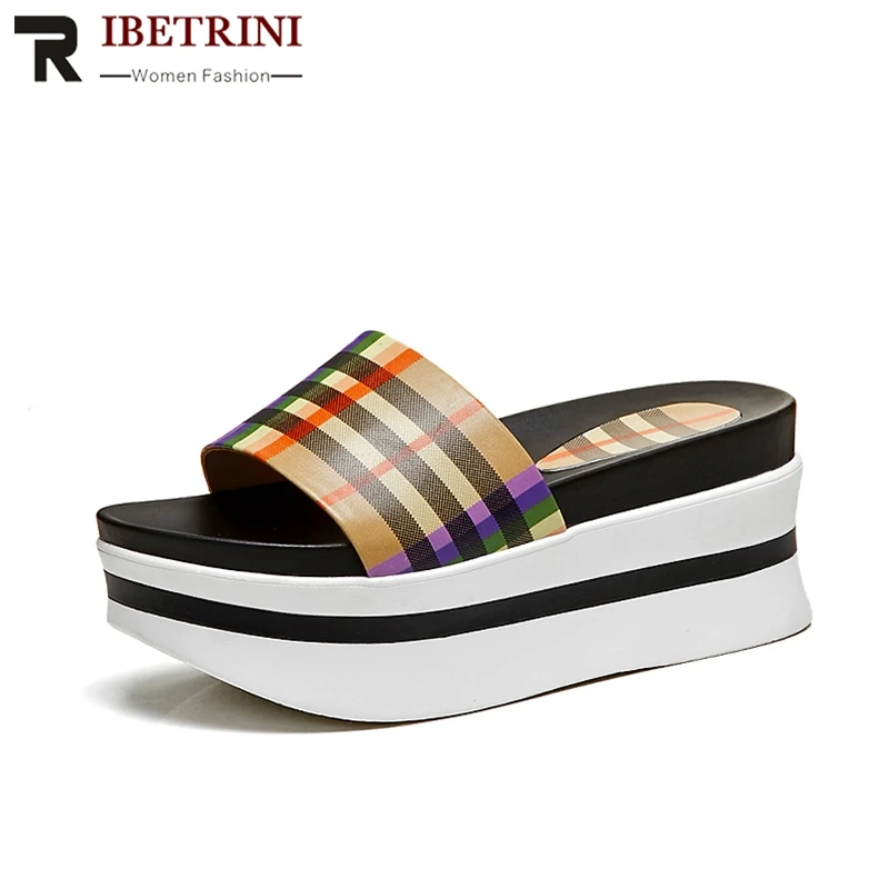 

RIBETRINI 2019 Brand New Fashion Flat Platform Slippers women's Summer Genuine Leather Ladies High Heels Women Shoes Woman