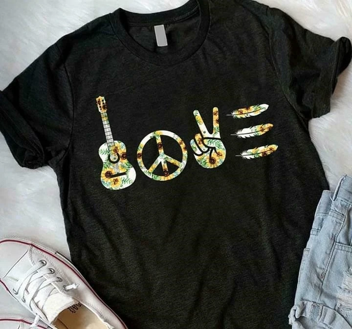 

Hippie Soul Sunflower Peace Freedom Guitar Shirt Black Cotton Men S 6Xl