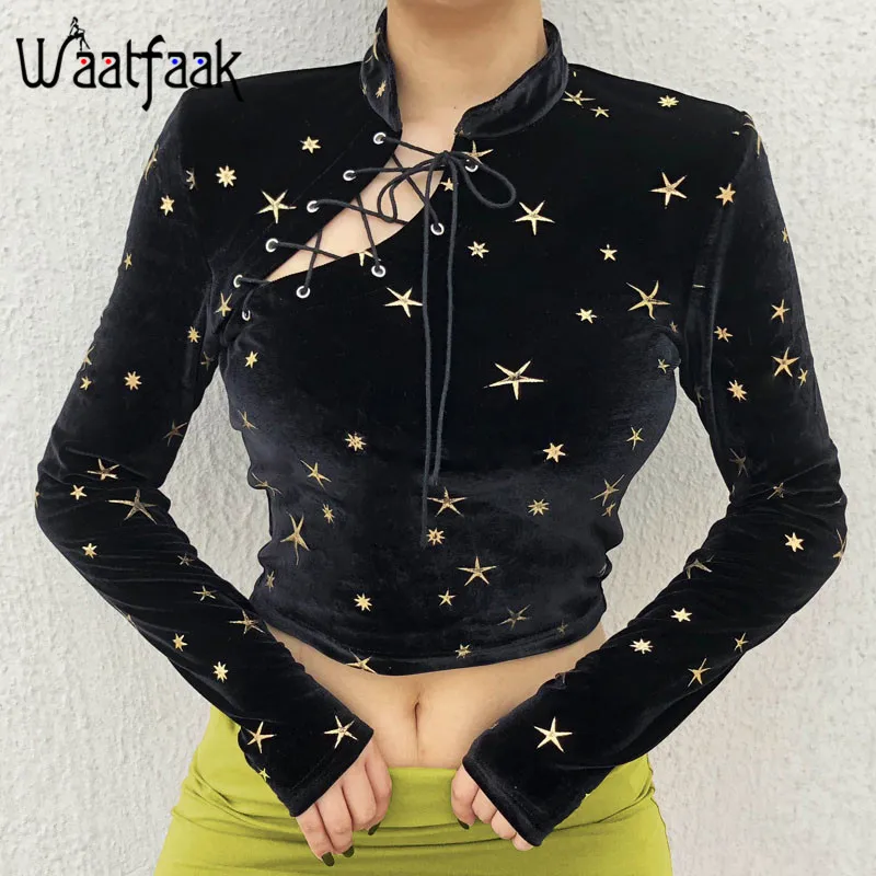

Waatfaak Black Lady Long Sleeve T-shirt Woman Hollow Out Tshirt Kawaii Bandage Crop Top Velvet Star Print Chinese Sty Tee Shirt