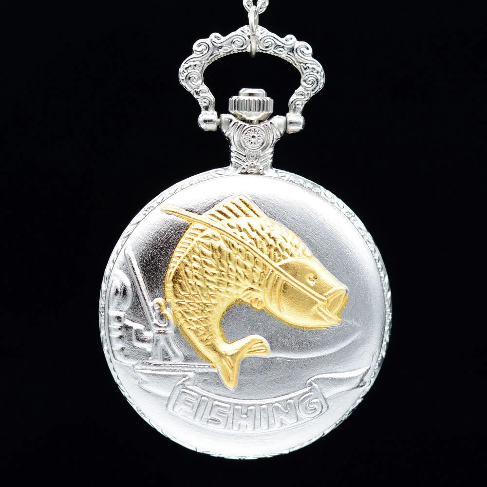 

New Fashion Silver FISHING Golden Fish Quartz Pocket Watch Analog Pendant Necklace Mens Watch Womens Watches Gift