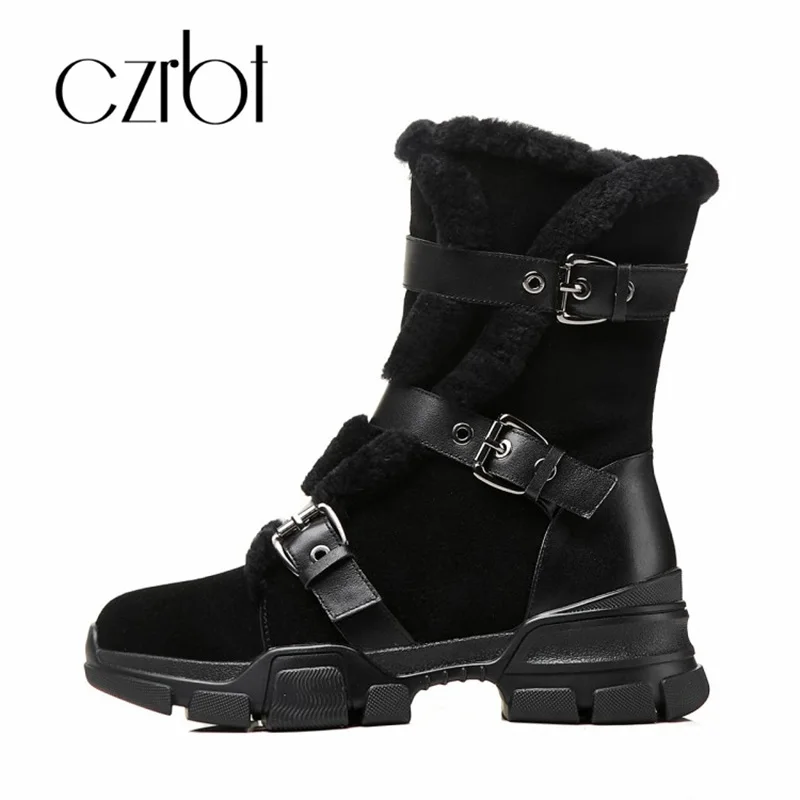 

czrbt 2018 Winter Boots Women Genuine Leather Warm Plush Snow Boots Fashion Casual Wedges Non-Slip Waterproof Mid-Calf Boots