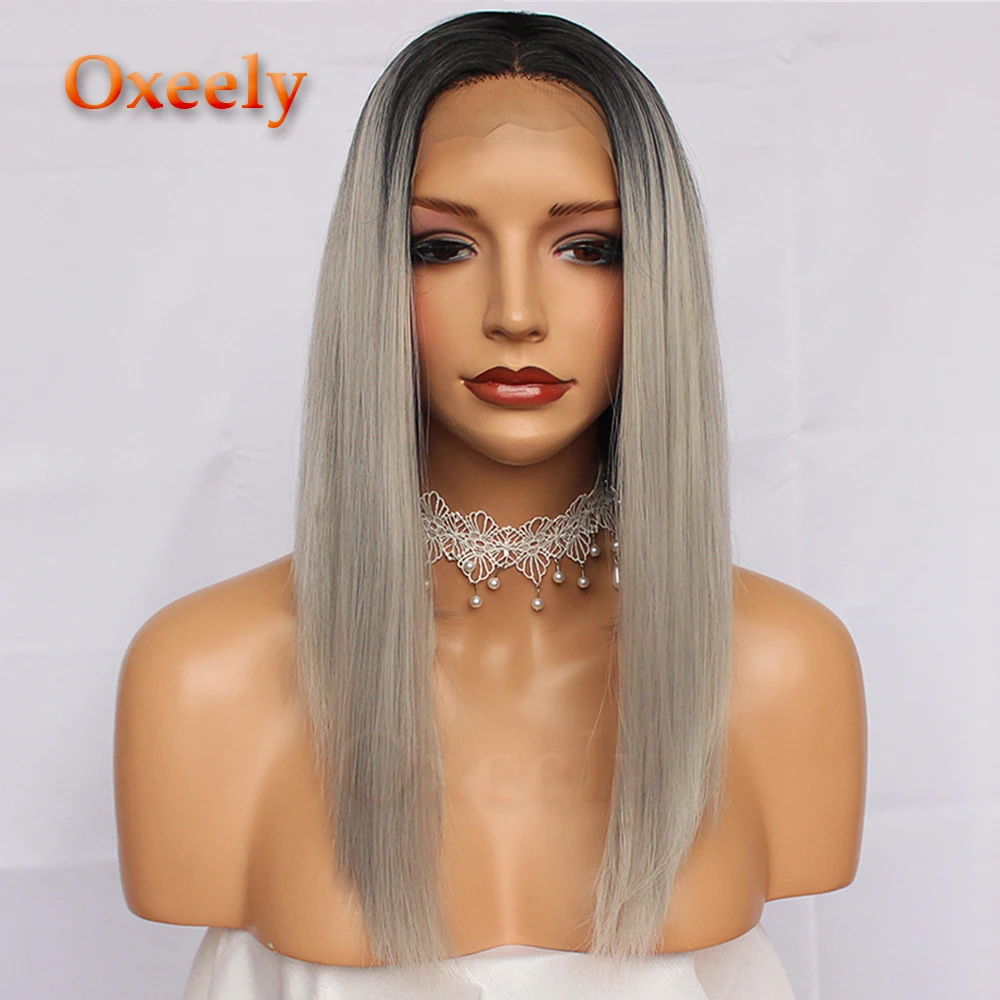 Oxeely ombre cinza bob cabelo sintético frente