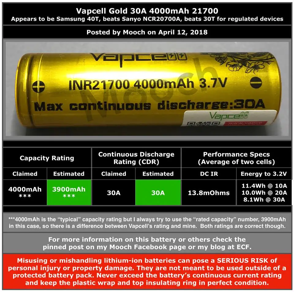 1 доллар купон Vapcell 21700 4000mah 30A 40T золото 3,6 v перезаряжаемая батарея для фонарика/электроинструментов