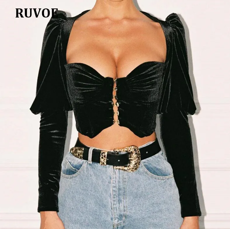 

New Arrival Sexy Deep V-neck Black Flannel Blouse Women Bubble Long Sleeve Skinny Bodycon Tees Tank Top Corset Clubwear FD-034