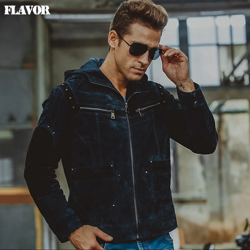 

S-6XL Men's pigskin dark Blue real leather jackets motorcycle Genuine Leather jacket hooded winter warm coat men