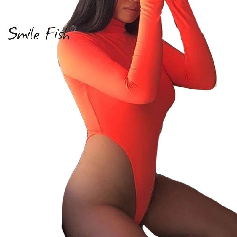 

Women High Cut Front Thong Bodysuit Neon Green Sexy Bodysuit Solid Turtleneck Skinny Body Basic Tops Fluorescence Clubwear M0288