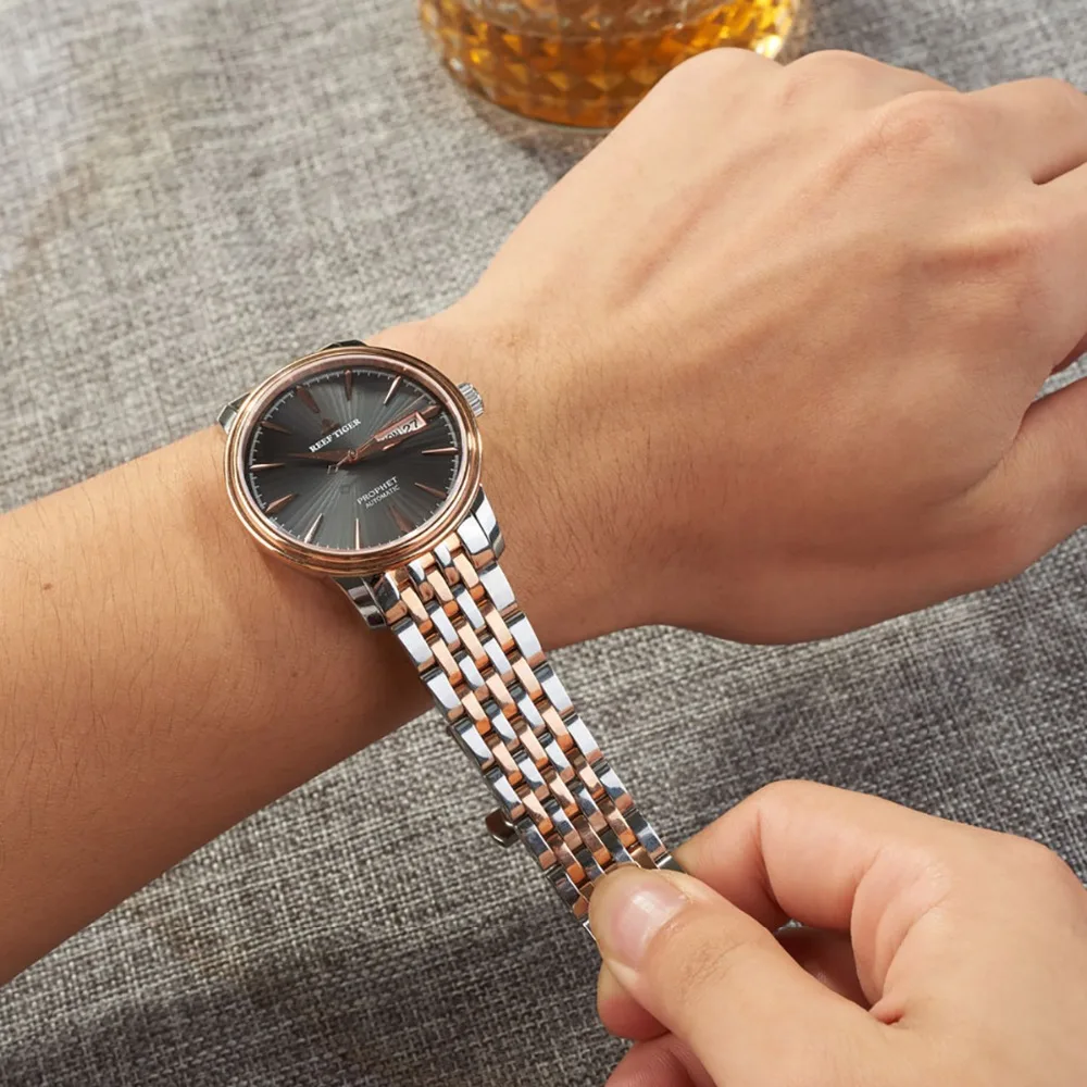 2020 New Reef Tiger Dress Watch Men Top Brand Luxury Automatic Watch Rose Gold Watch Date Day relog