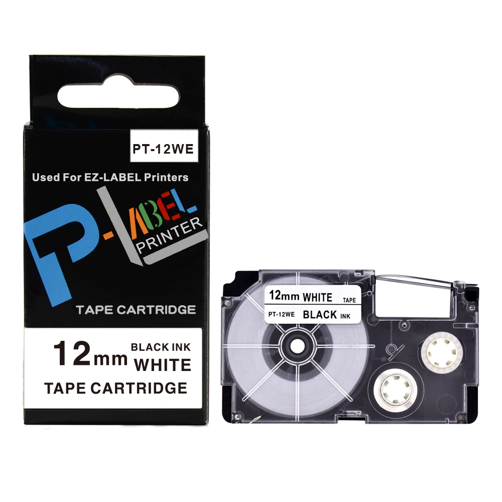 5PCS Black on White 12mm Plastic Tapes PT 12WE XR 12WE Compatible Ink