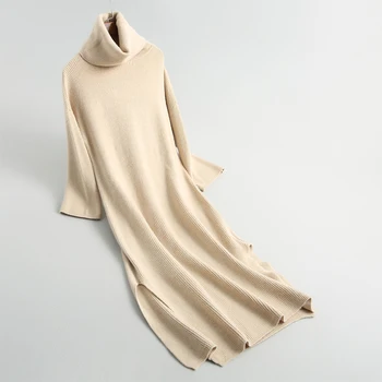 

Fall Women casual dress solid color high-necked knit dress