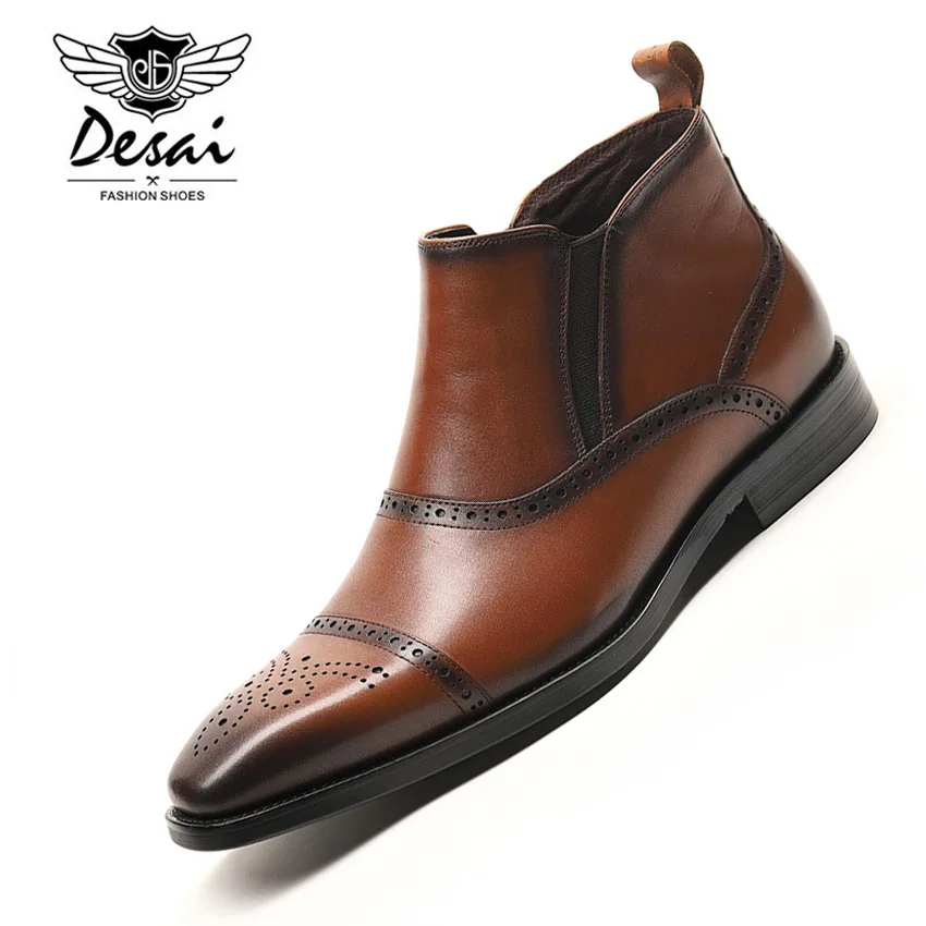 

Wholesale Full Grain Leather Chelsea Boots Business Dress High Boots Men's Formal Luxury Brand Slip-On Pointed Toe Shoes Male