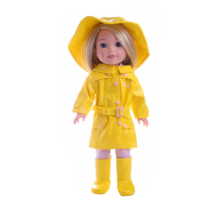 

High quality yellow Raincoat + Hat + Leggings + Rain Boots for Wellie Wisher doll accessories