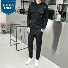 Мужские костюмы, Весенняя корейская мода, уличная одежда, пуловер с длинным рукавом и капюшоном, мужские джинсовые топы, повседневные джинсовые комплекты с эластичной талией для мужчин