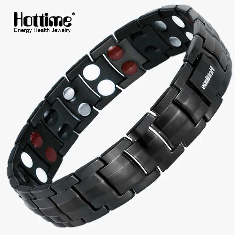 

Hottime Black Men's Titanium Bracelets & Bangles Double Row 4 IN 1 Bio Elements Energy Magnetic Health Power Sports Jewelry