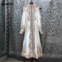 Elegant Party Long Dresses Autumn Fashion Women Stand Neck Charming Flower Print Vintage Buttons Long Sleeve Dress Maxi