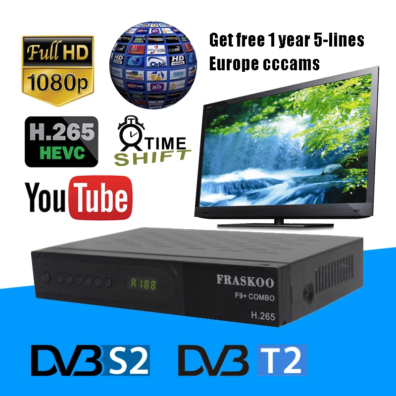 

Fraskoo F9 Plus DVB T2 S2 Combo Digital Set-top Box Full HD 1080P Satellite TV Receiver Support PVR 7-days EPG Youtube IPTV Free