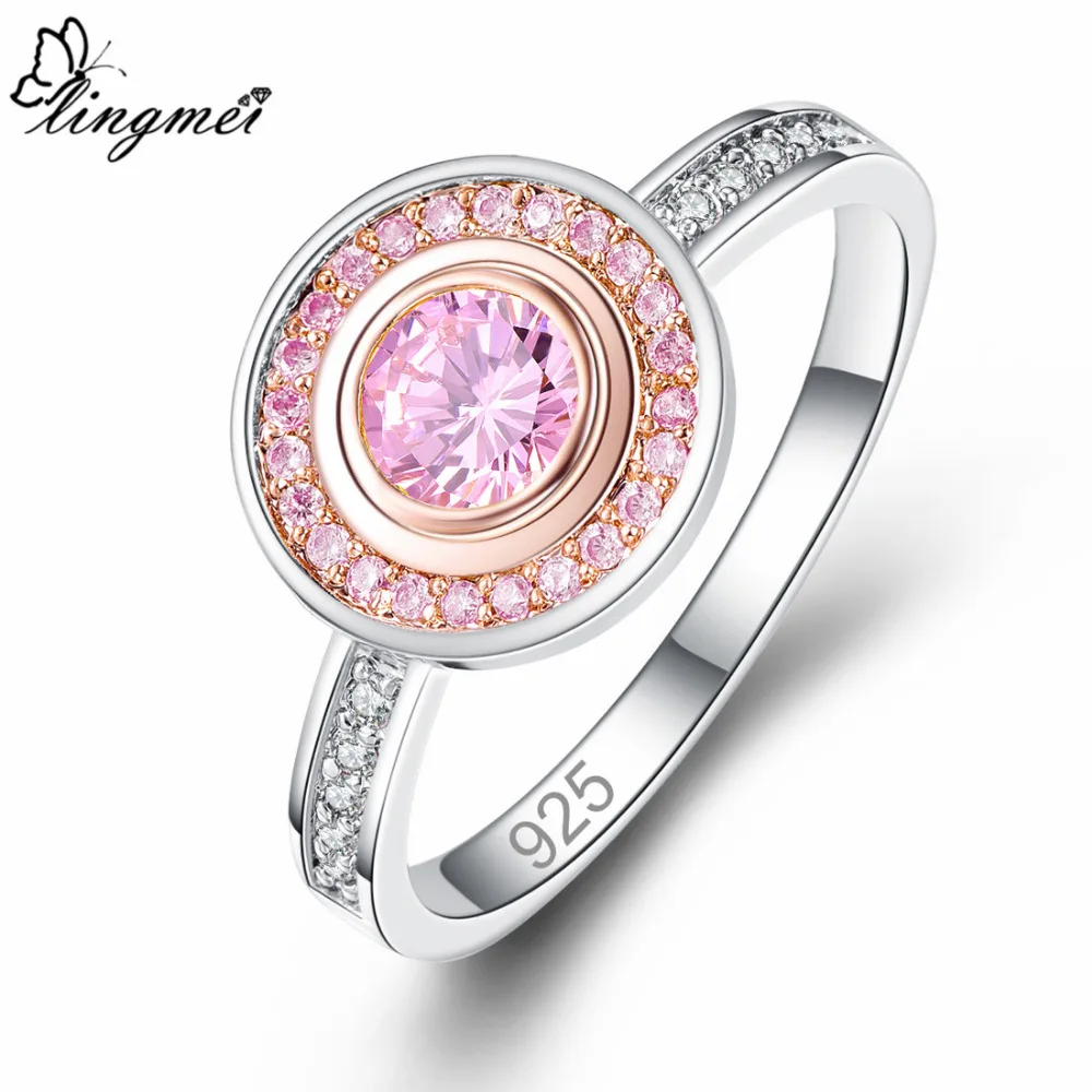 

lingmei Wholesale Pink & Yellow & White Cubic Zircon Silver Dazzling Jewelry Rings For Women Engagement Wedding Ring Size 6789