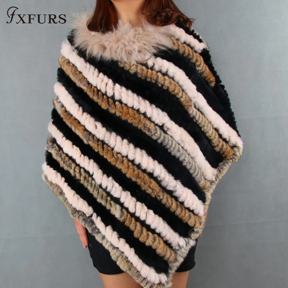 FXFURS новое Вязаное пончо из кроличьего меха для женщин Модный меховой пашминовый палантин красочные меховые шарфы с полосками из меха енота